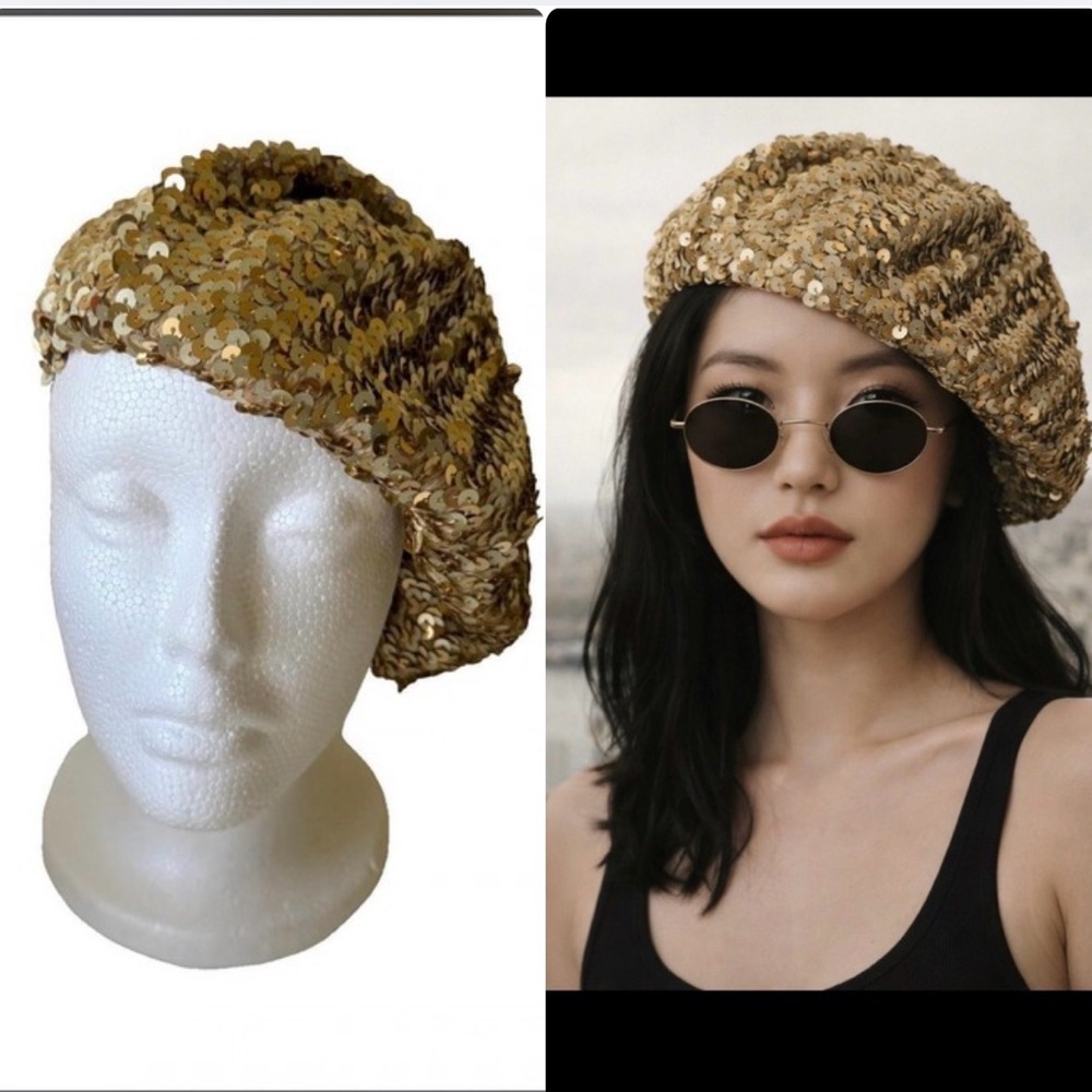 H&M Divided Gold Sequin Beret One Size Disco Party Statement Hat NWOT